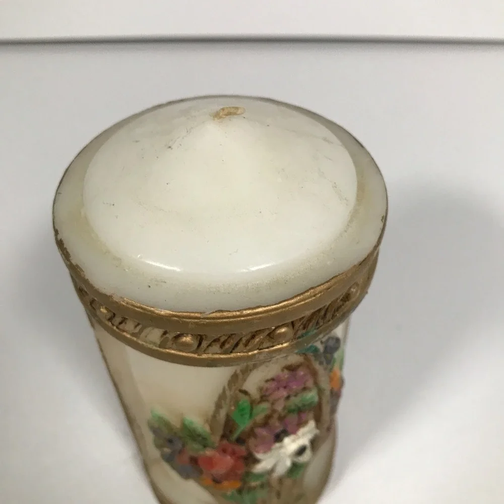 Vintage Floral Basket Relief Pillar Candle Gold Trim Decorative White Wax